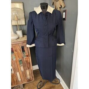 Womens Vintage late 50’s - 60’s skirt Fitted Jacket suit Navy Blue Polka Dot